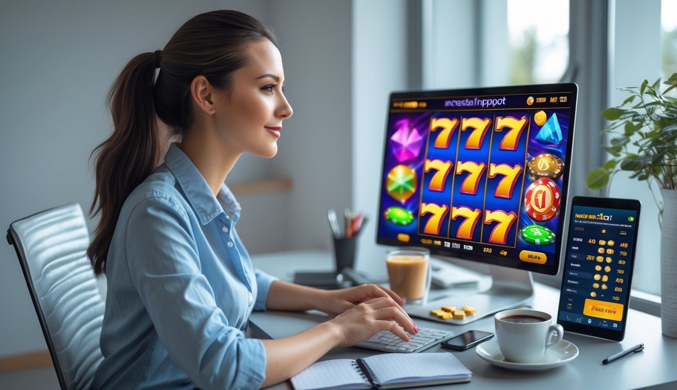 Seorang wanita muda duduk di meja modern sambil bermain slot online di laptop dengan fokus dan tenang.