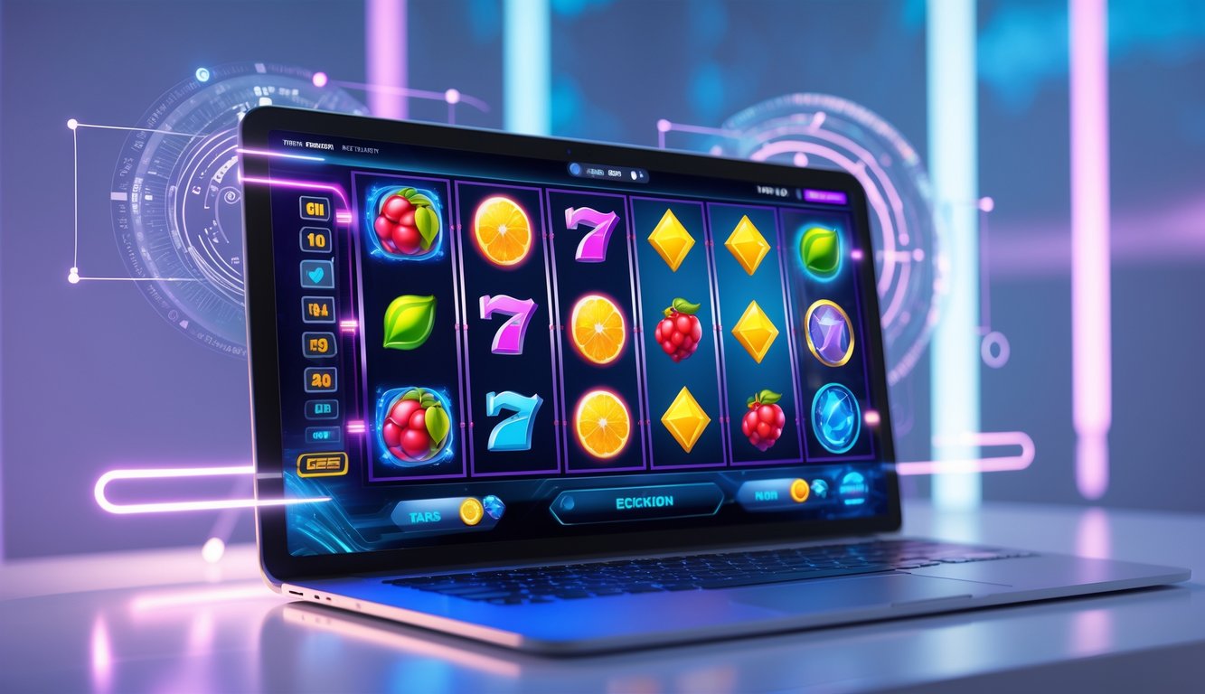 Tampilan layar perangkat digital dengan permainan slot online berwarna-warni dan latar belakang teknologi modern.