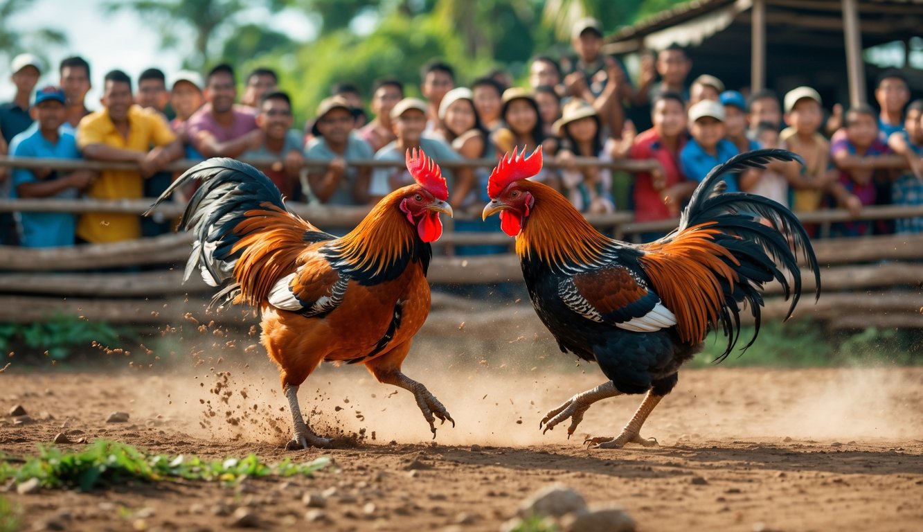 Dua ayam jago sedang bertarung di arena terbuka dengan kerumunan orang menonton di sekitarnya.