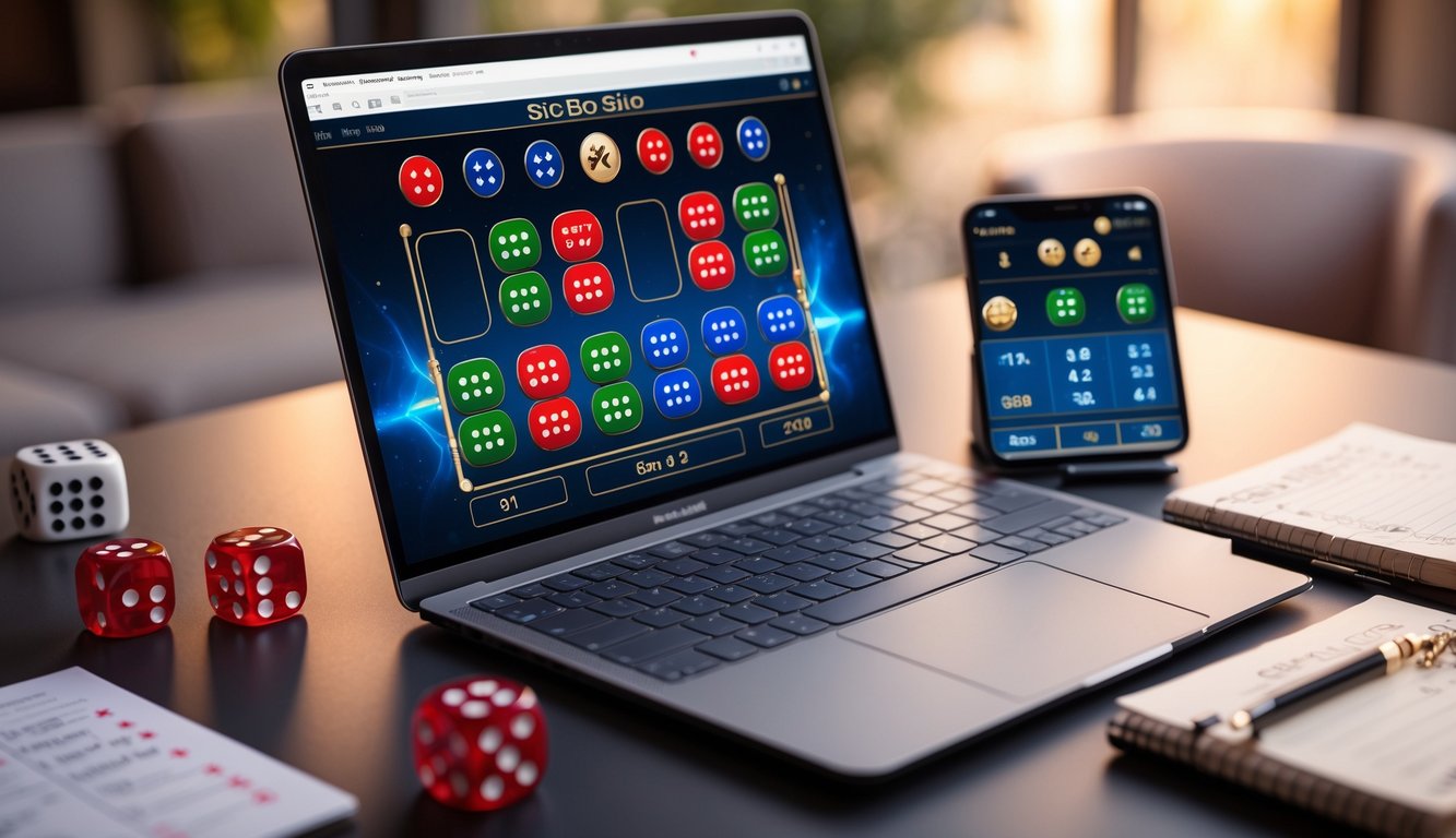 Seorang pemain sedang menggunakan laptop dengan tampilan permainan dadu online Sic Bo dan beberapa dadu serta catatan strategi di meja.