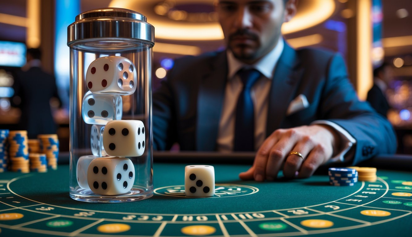 Seorang pemain berpakaian rapi sedang memperhatikan alat pengocok dadu Sicbo di meja judi dengan chip dan tata letak taruhan.