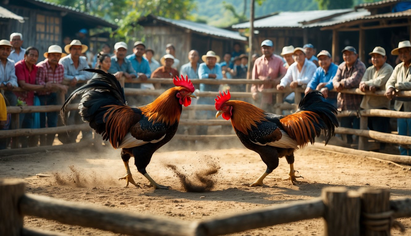 Pertandingan sabung ayam tradisional di arena terbuka dengan dua ayam jantan bertarung dan penonton memperhatikan dengan serius.