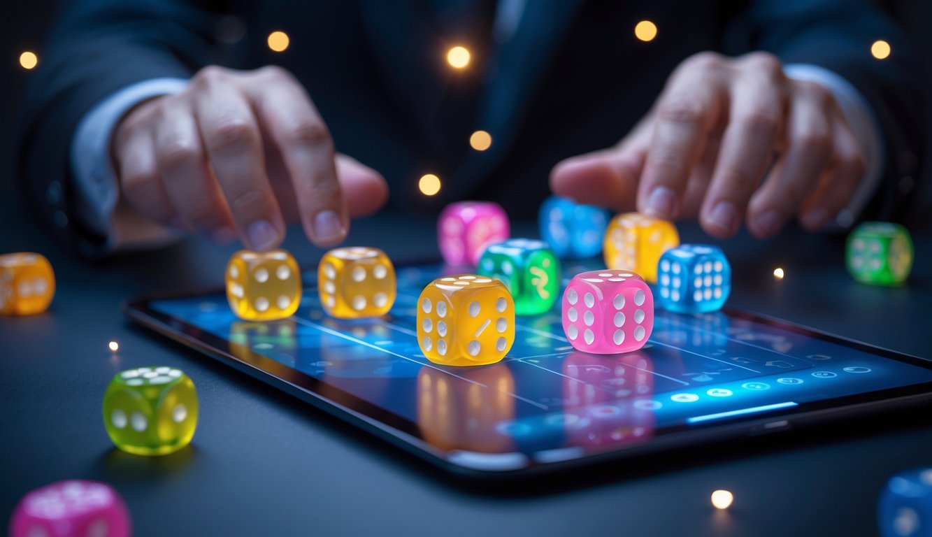 Layar perangkat digital menampilkan permainan dadu dengan latar gelap dan tangan yang siap berinteraksi.