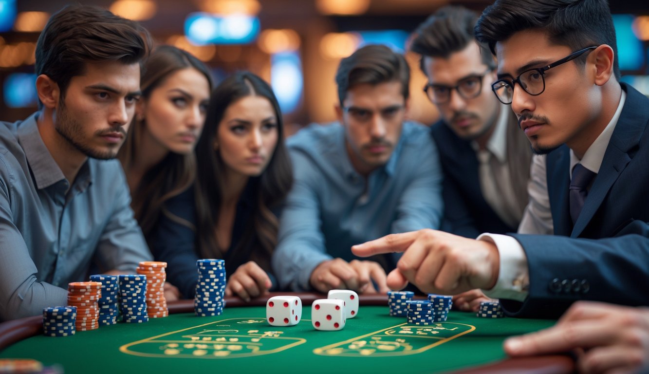 Beberapa orang sedang memperhatikan dadu yang sedang dilempar di atas meja permainan Sicbo di kasino.