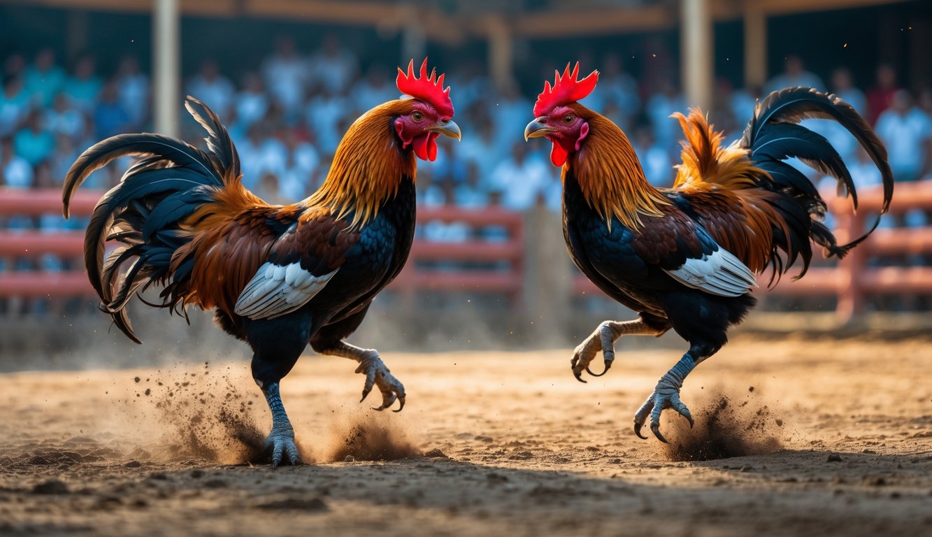 Dua ayam jago sedang bertarung di arena terbuka dengan latar belakang penonton dan tanah.