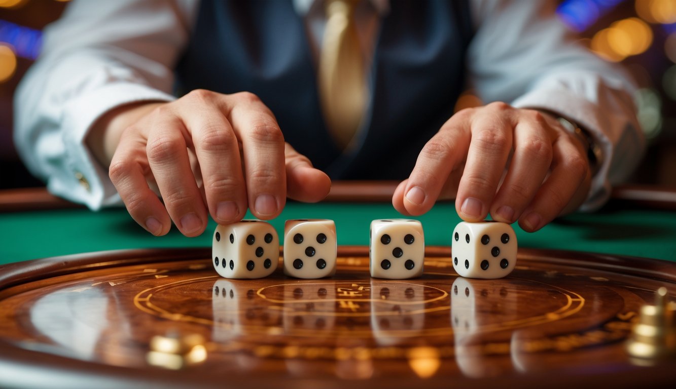Tangan melempar tiga dadu di atas meja kasino kayu dengan latar belakang suasana kasino yang samar.