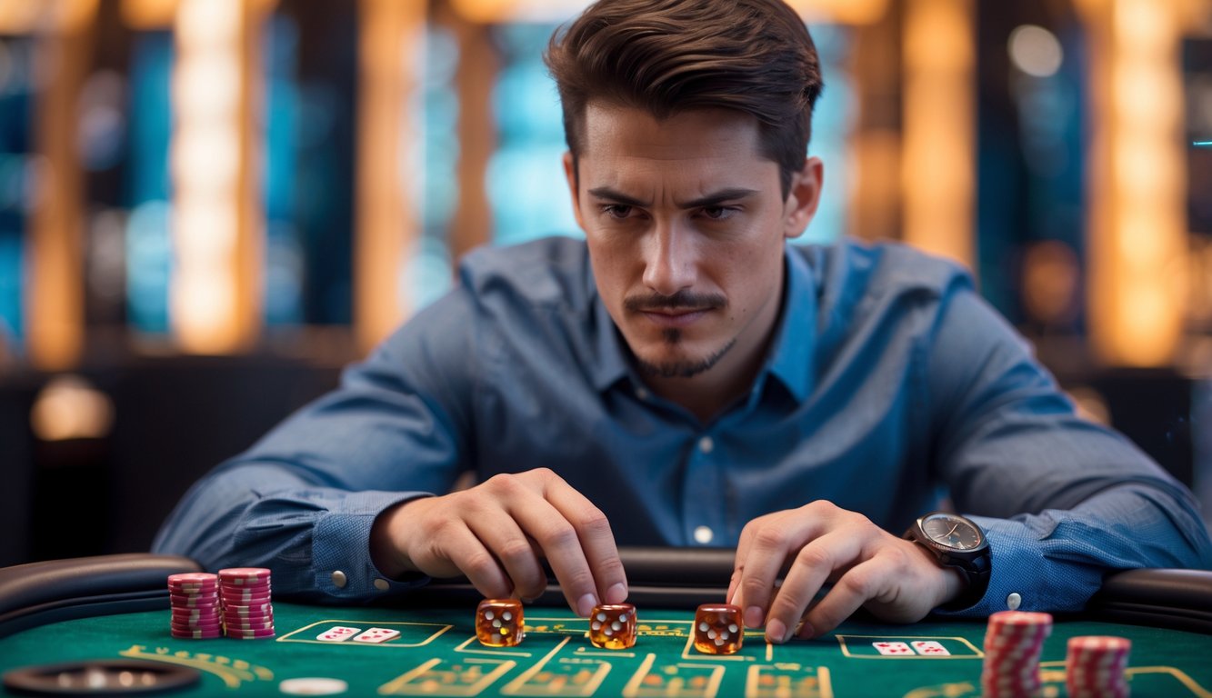 Seorang pria muda duduk di meja permainan Sicbo dengan tiga dadu dan chip taruhan, tampak fokus dan berpikir strategis.