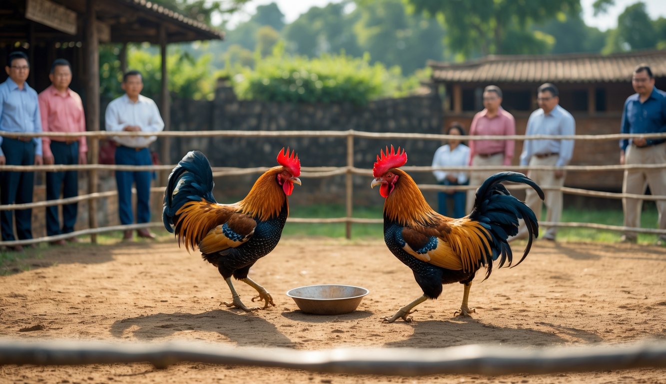 Dua ayam jantan bertarung di arena resmi dengan beberapa penonton mengamati dengan tenang.