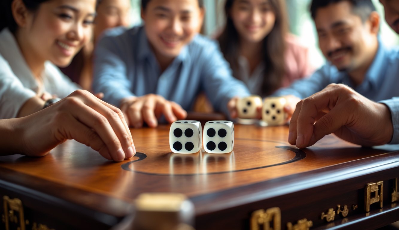 Orang-orang sedang bermain permainan dadu Sic Bo dengan ekspresi antusias di sekitar meja kayu.