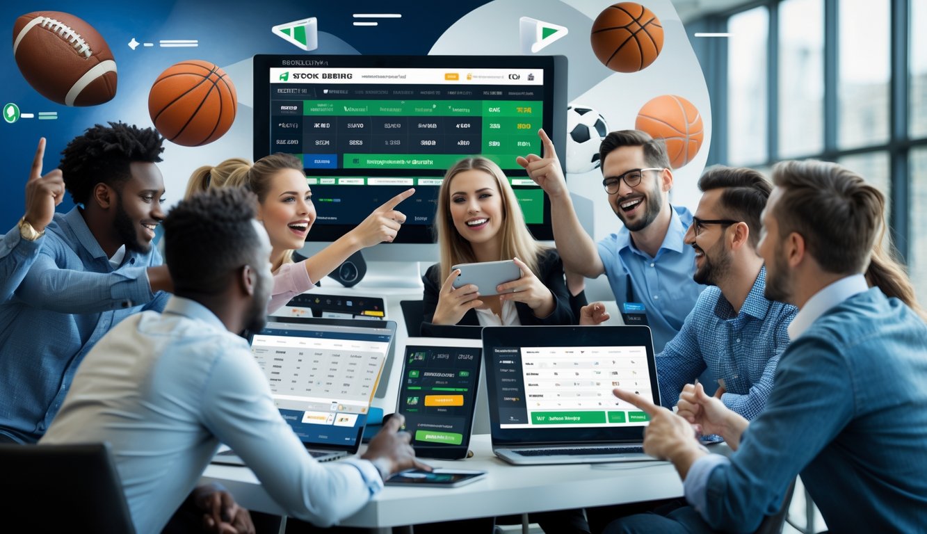 Sekelompok orang sedang menggunakan perangkat digital untuk taruhan olahraga sepak bola, basket, dan olahraga internasional lainnya dalam ruangan modern.