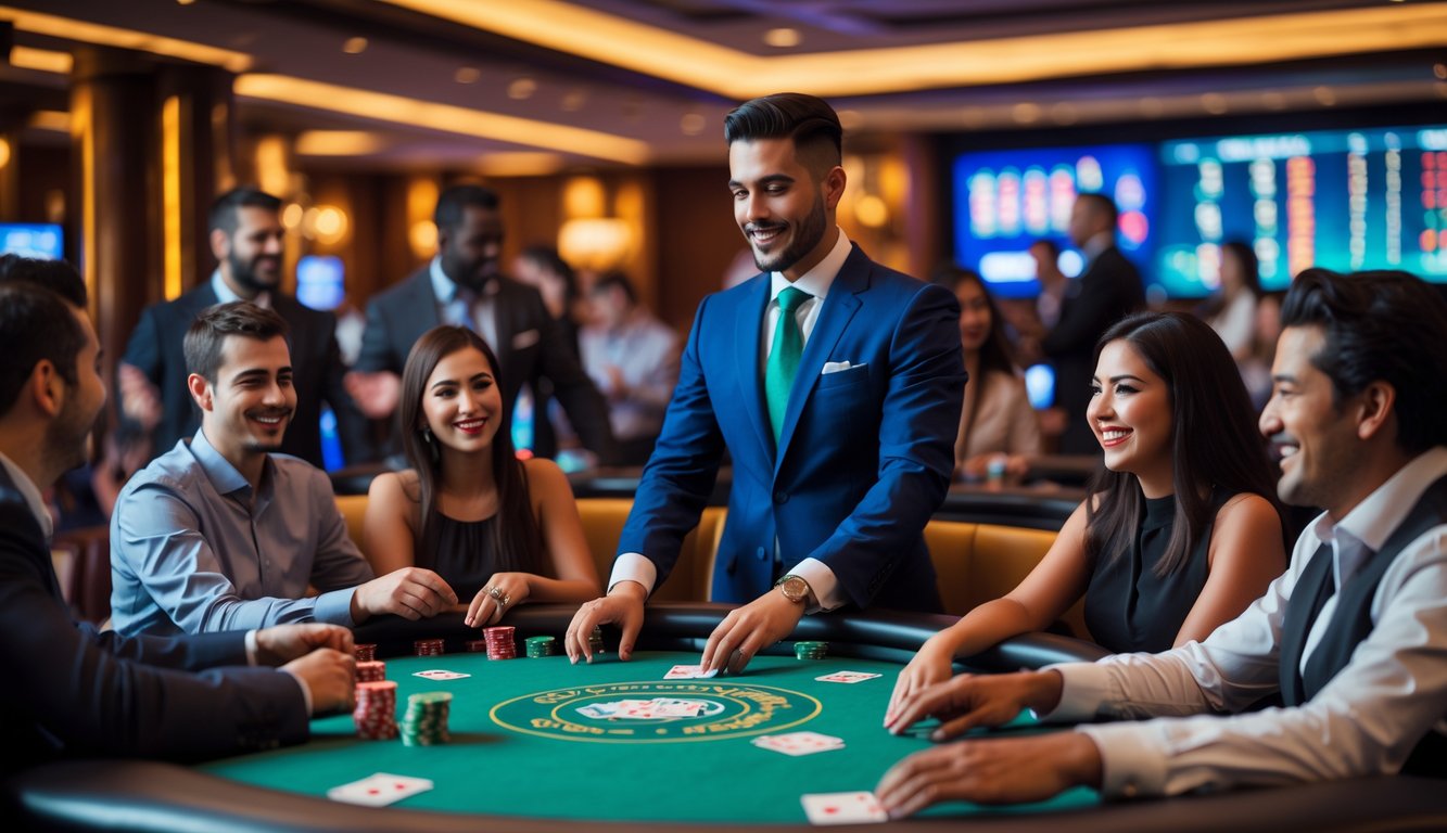 Suasana kasino langsung yang ramai dengan dealer dan pemain yang sedang bermain kartu di meja hijau.