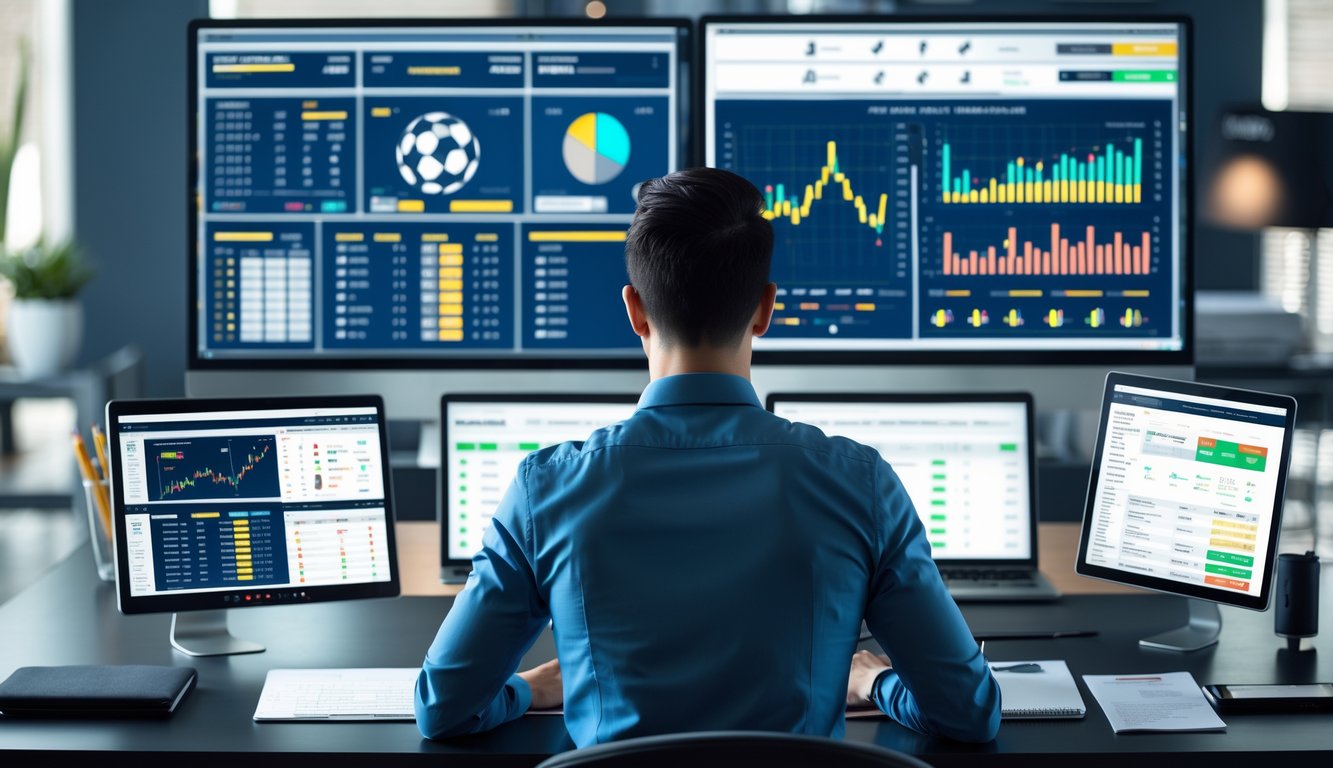 Seseorang sedang menganalisis data pertandingan sepak bola di beberapa layar digital di kantor modern.