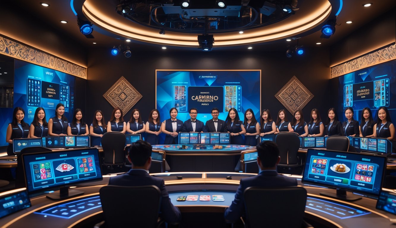 Studio kasino langsung online dengan dealer yang sedang bermain kartu dan latar dengan motif batik.