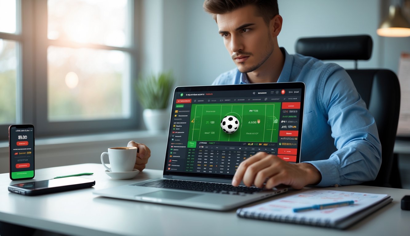 Seorang pria muda duduk di meja modern dengan laptop yang menampilkan antarmuka taruhan olahraga online, dikelilingi oleh smartphone, secangkir kopi, dan buku catatan.