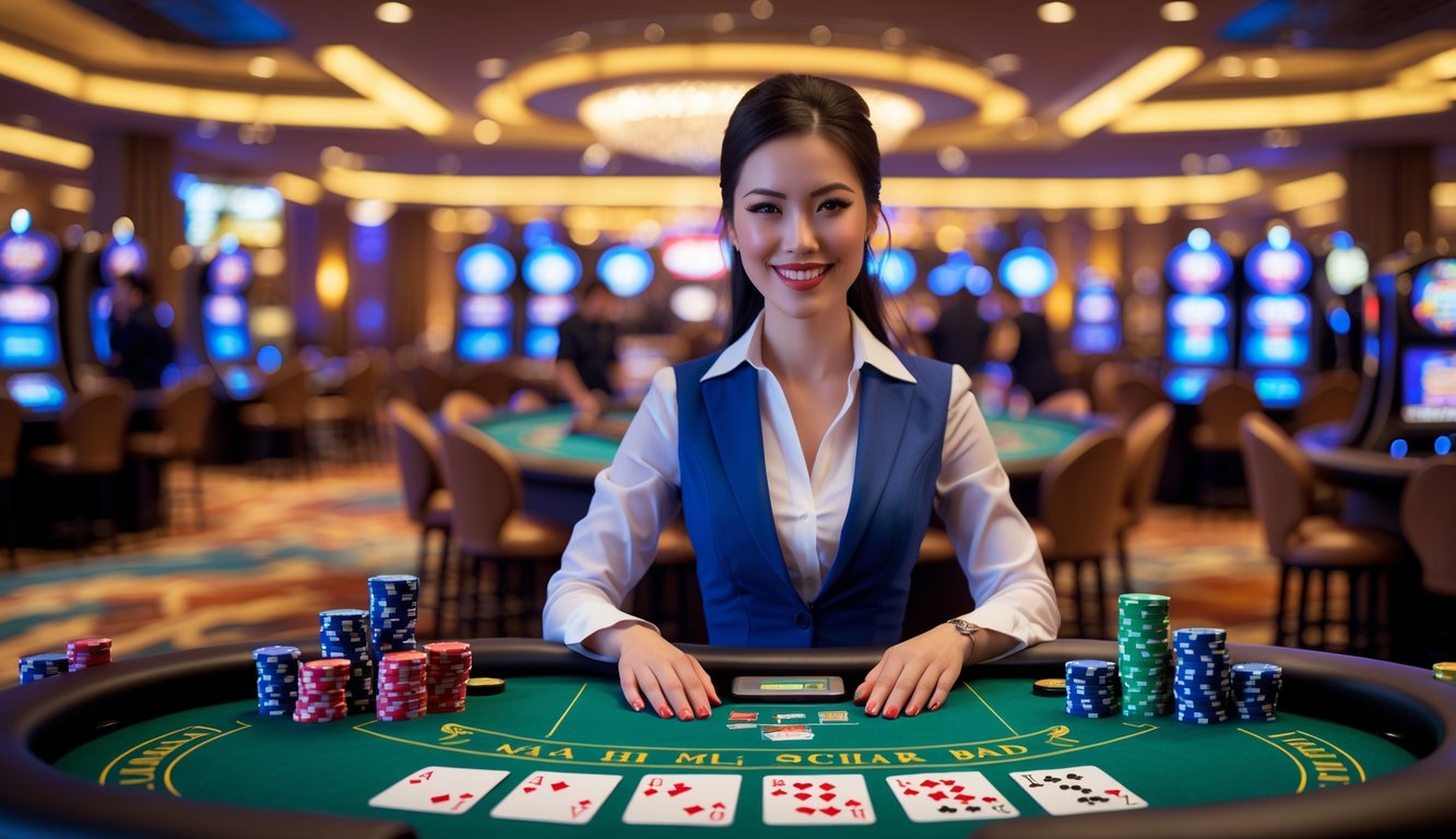 Seorang dealer wanita tersenyum di meja blackjack di dalam kasino yang ramai dengan suasana hangat dan pencahayaan yang nyaman.