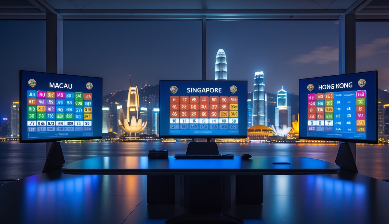 Sebuah meja modern dengan layar digital menampilkan angka togel dan peta kota Macau, Singapura, dan Hongkong di latar belakang kota yang terang pada malam hari.