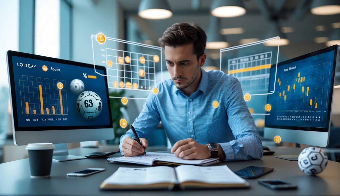 Seseorang sedang fokus menganalisis data dan membuat strategi di depan komputer dengan bola lotere dan angka di sekitarnya.