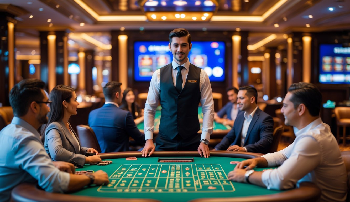 Seorang dealer berdiri di belakang meja blackjack dengan beberapa pemain yang duduk di sekitarnya di dalam kasino mewah.