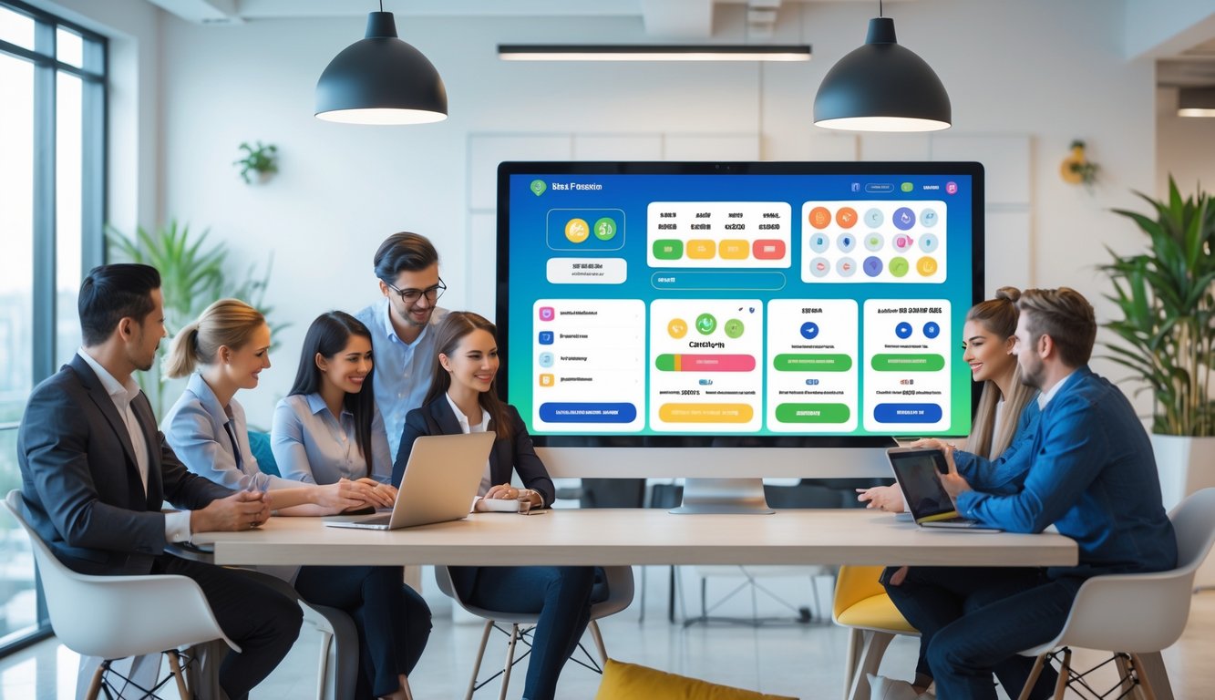 Sekelompok profesional muda bekerja bersama di kantor modern dengan layar komputer yang menampilkan antarmuka platform judi online.