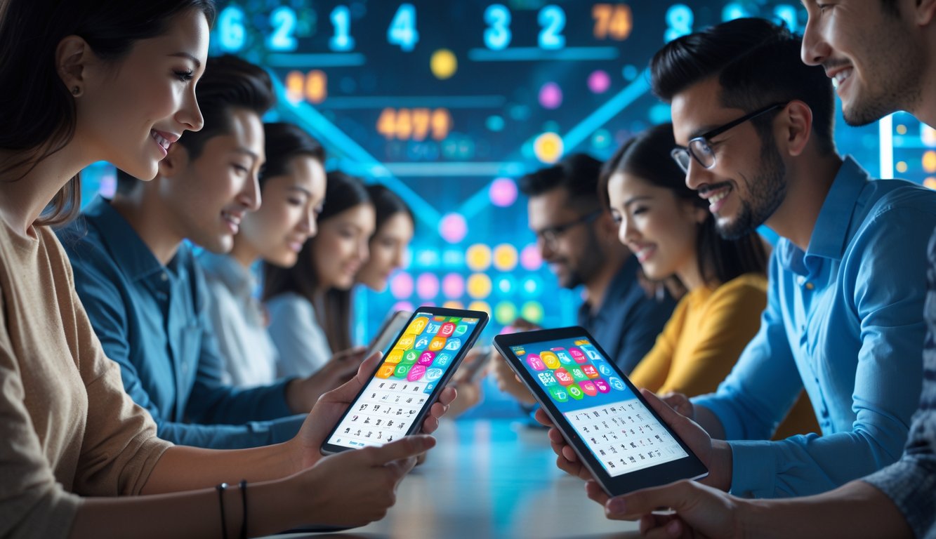 Orang-orang menggunakan perangkat digital untuk bermain togel dengan latar belakang teknologi digital modern.