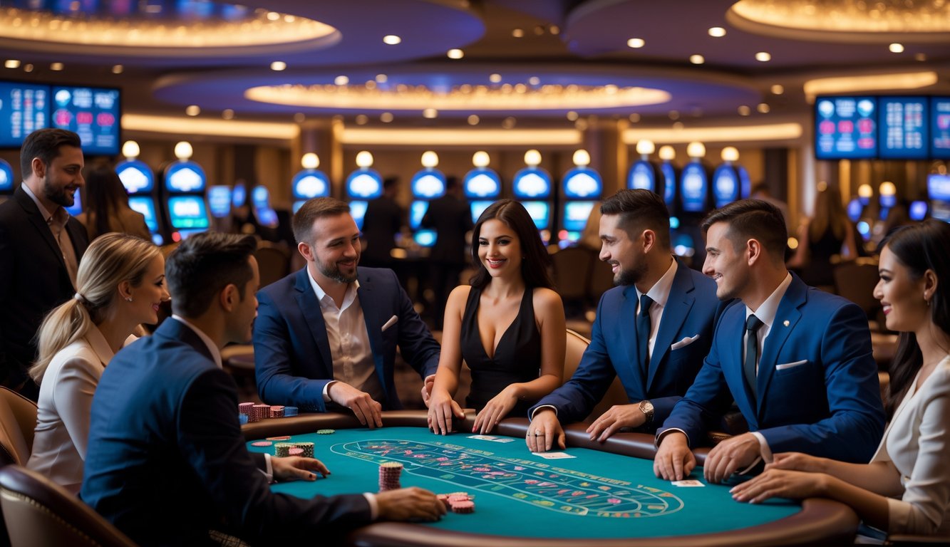 Suasana kasino langsung dengan orang-orang bermain di meja kasino dan dealer profesional yang melayani.