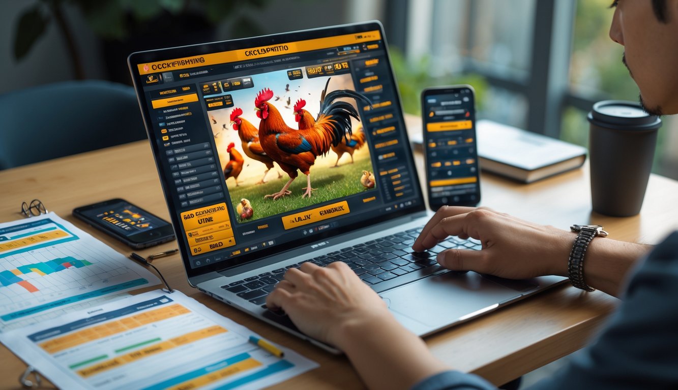 Seorang pria muda fokus menggunakan laptop dengan tampilan permainan sabung ayam online dan catatan strategi di meja kerja.