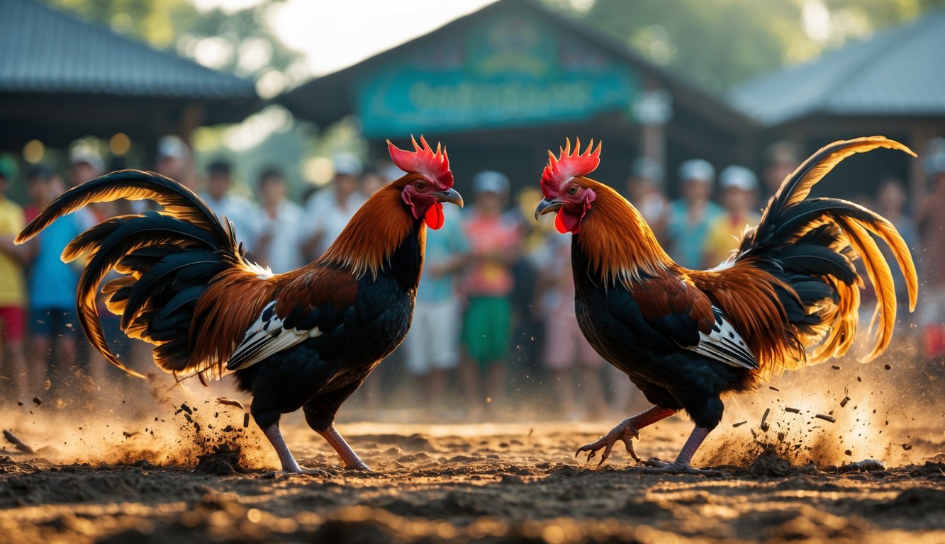 Dua ayam aduan sedang bertarung di arena dengan penonton di latar belakang.