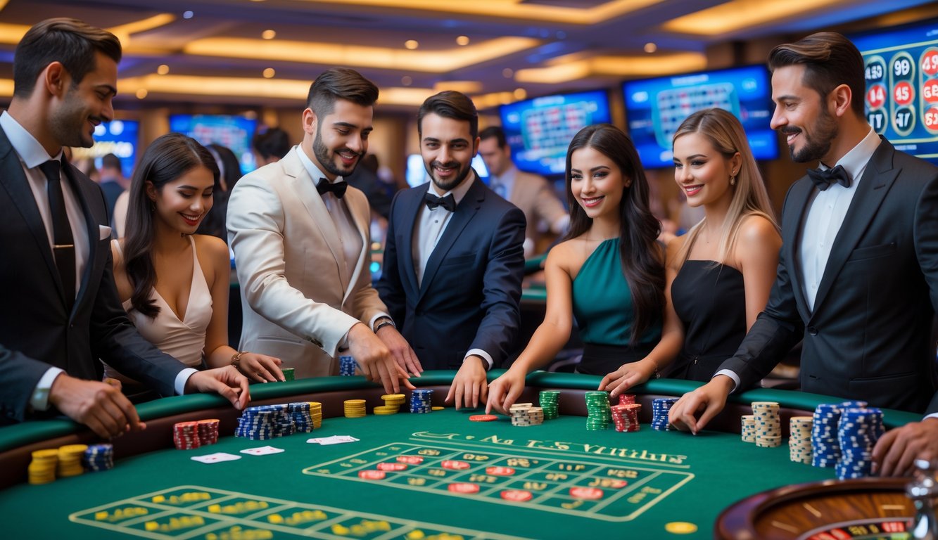 Orang-orang bermain permainan kasino langsung di meja hijau dengan dealer profesional di dalam ruangan kasino yang modern.