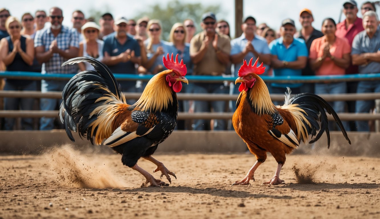Dua ayam jago sedang bertarung di arena dengan penonton yang antusias di latar belakang.