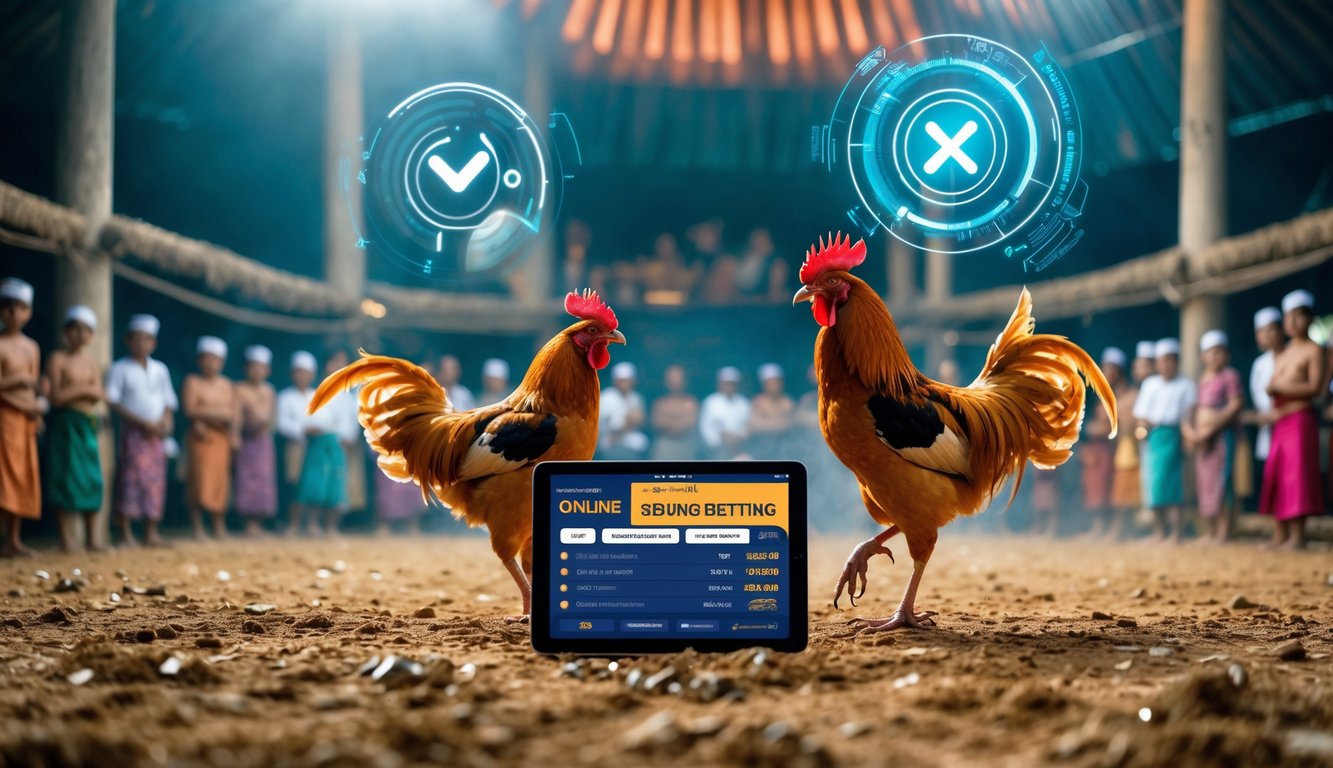 Arena sabung ayam tradisional dengan ayam jantan bertarung, di depan terlihat orang menggunakan tablet untuk taruhan online.