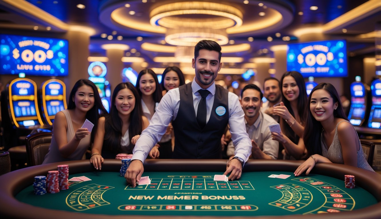 Suasana kasino langsung yang ramai dengan pemain dan dealer yang sedang bermain di meja kartu, menampilkan lingkungan yang menyenangkan dan mengundang.
