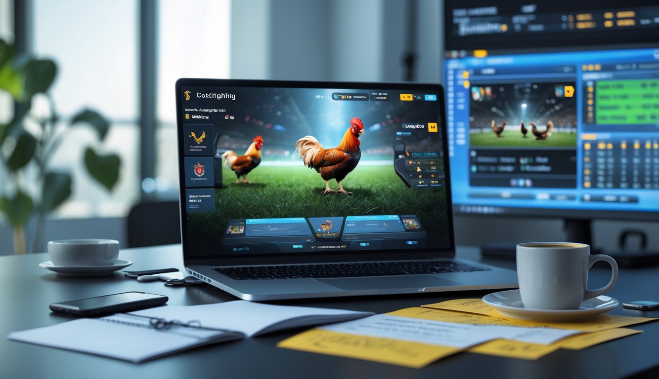 Seseorang sedang fokus bermain sabung ayam online di depan laptop dengan catatan dan ponsel di meja.