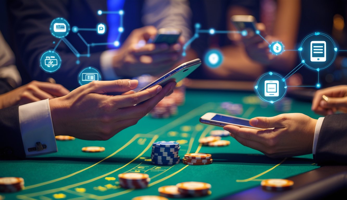 Suasana kasino langsung dengan pemain menggunakan ponsel untuk melakukan deposit pulsa di meja kasino.