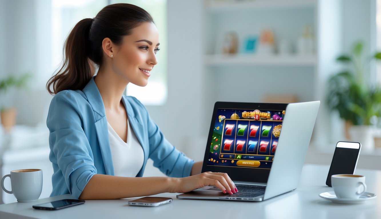 Seorang wanita muda duduk di meja dengan laptop, bermain permainan slot online di rumah yang terang dan nyaman.