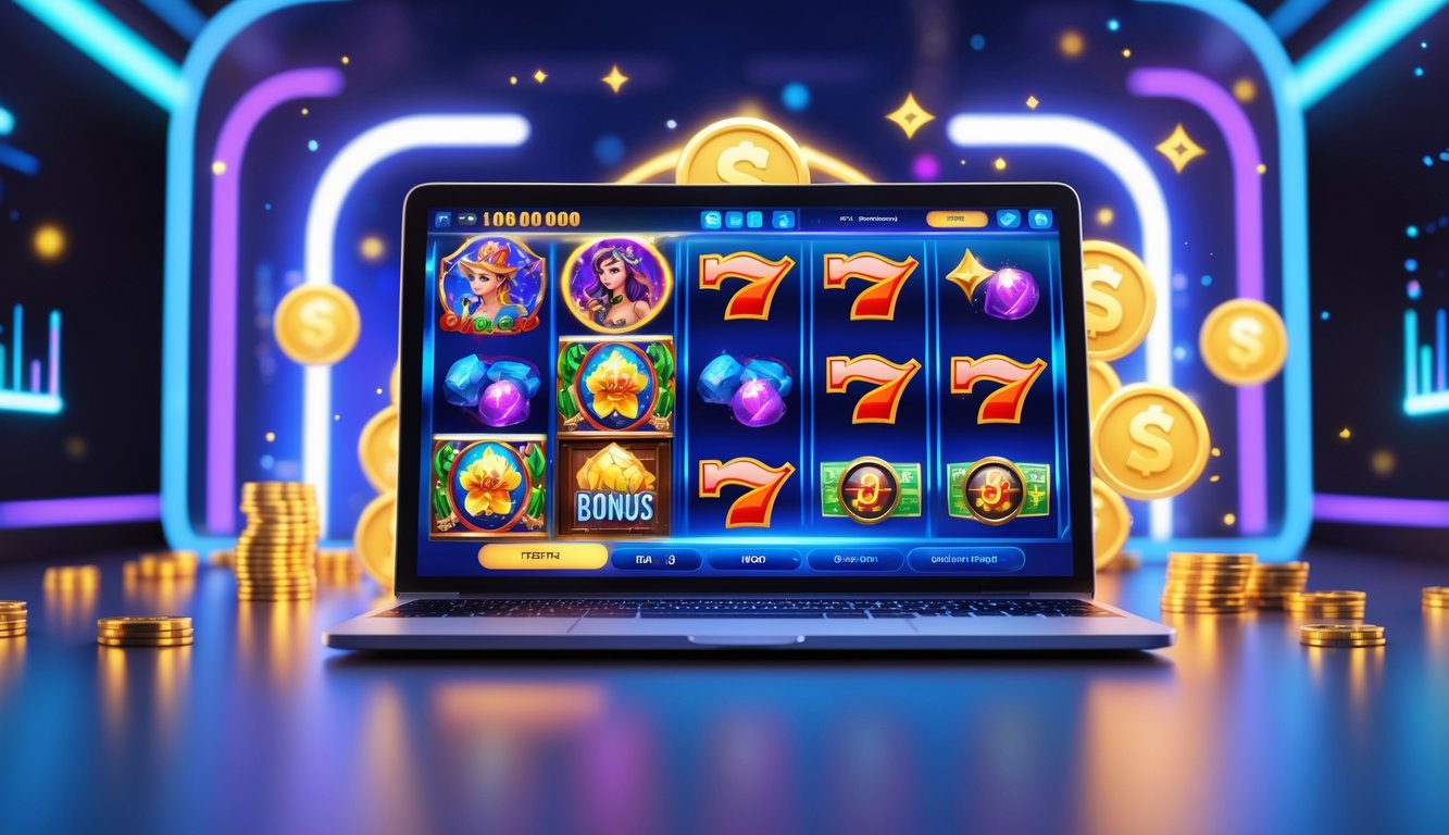 Layar komputer menampilkan permainan slot online dengan tema warna-warni dan ikon bonus, dikelilingi oleh elemen digital dan lampu neon.