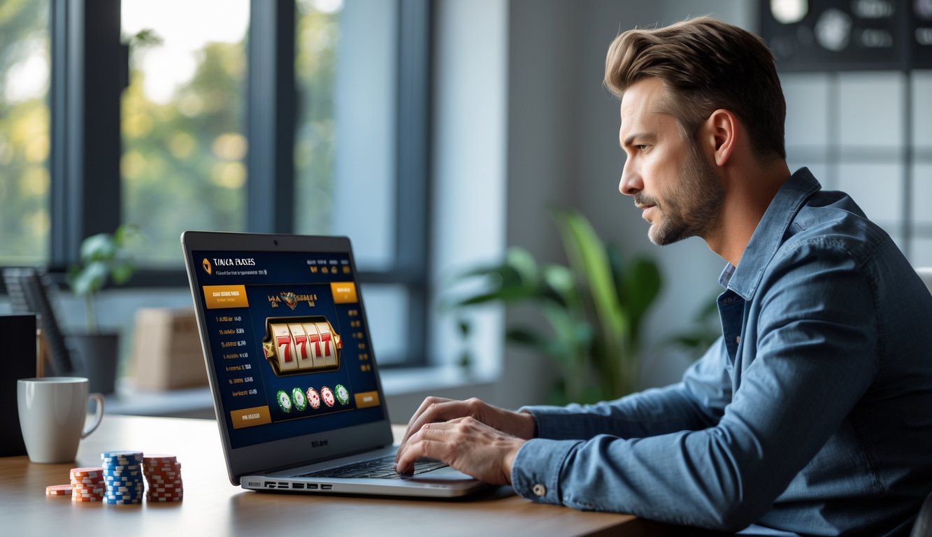 Seorang pria dewasa duduk di depan laptop di ruang kerja rumah, fokus bermain permainan slot online dengan suasana yang tenang dan teratur.