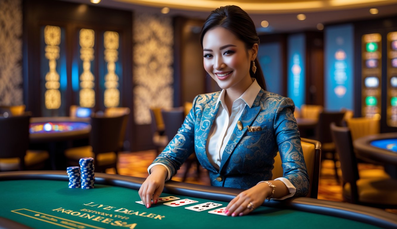 Seorang dealer wanita tersenyum di meja kasino dengan latar belakang interior mewah dan elemen budaya Indonesia.