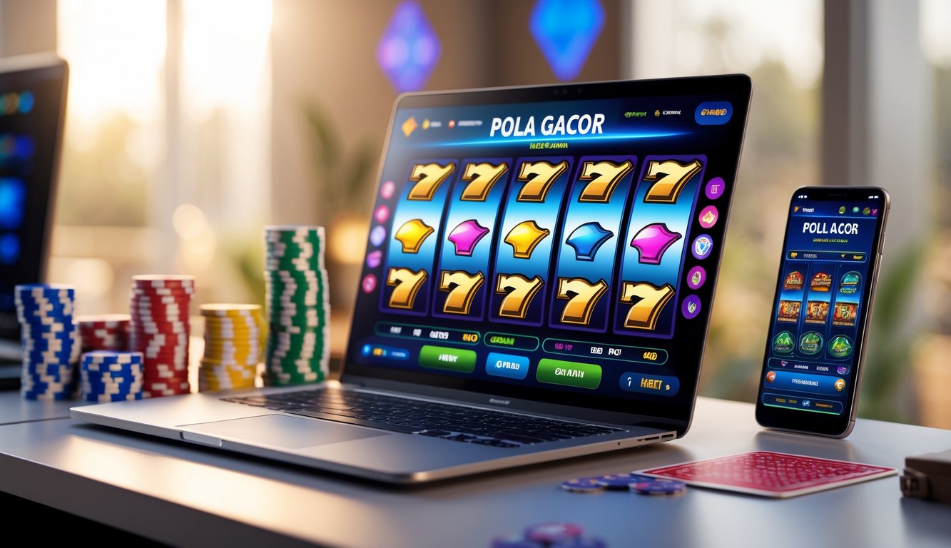Sebuah meja dengan komputer dan ponsel yang menampilkan permainan slot online dengan grafik warna-warni dan simbol kasino di sekitarnya.