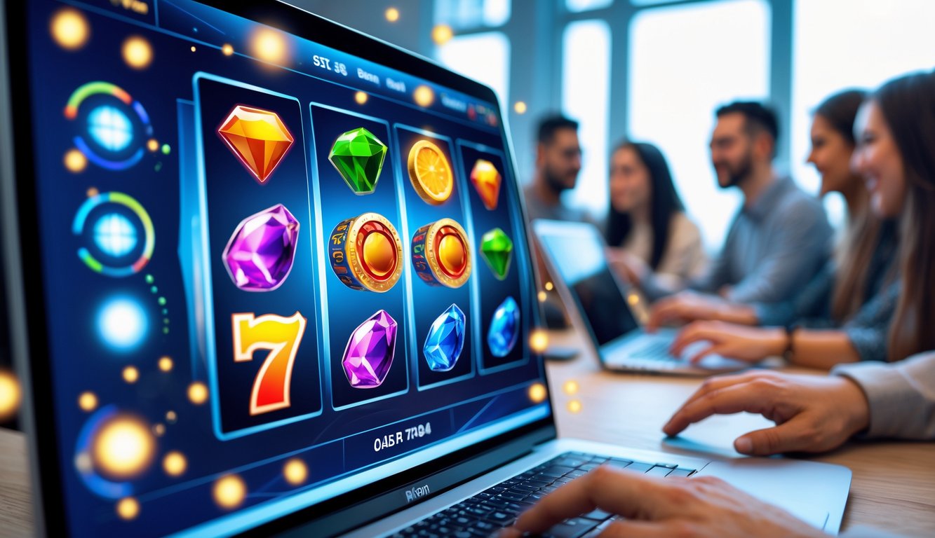 Antarmuka mesin slot online berwarna-warni dengan latar belakang orang-orang yang sedang bermain game di perangkat digital.
