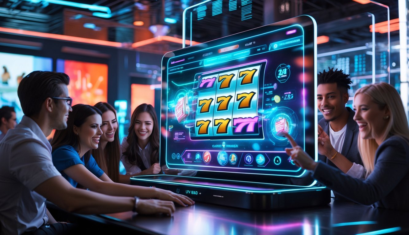 Beberapa orang muda sedang bermain mesin slot digital di ruangan modern dengan tampilan teknologi canggih.