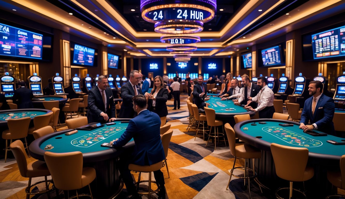 Suasana kasino langsung dengan dealer dan pemain di meja permainan, menunjukkan aktivitas 24 jam.