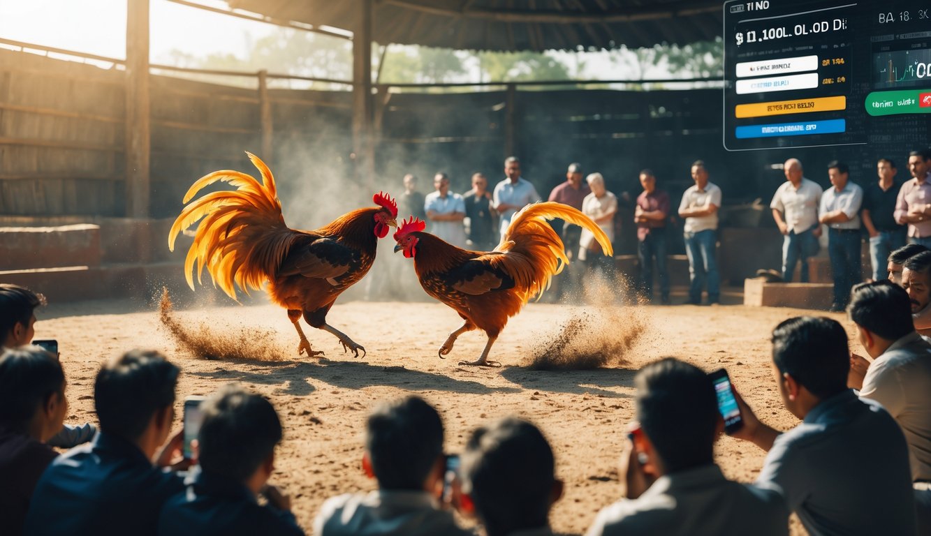 Dua ayam jago sedang bertarung di arena sabung ayam dengan penonton yang memperhatikan sambil menggunakan perangkat digital.