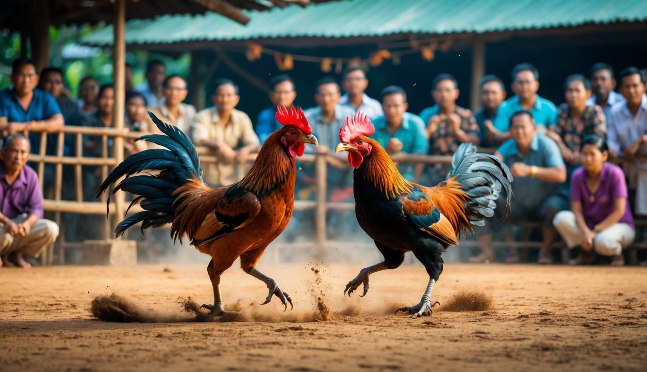 Dua ayam jago sedang bertarung di arena dengan penonton yang fokus menyaksikan di sekitar mereka.
