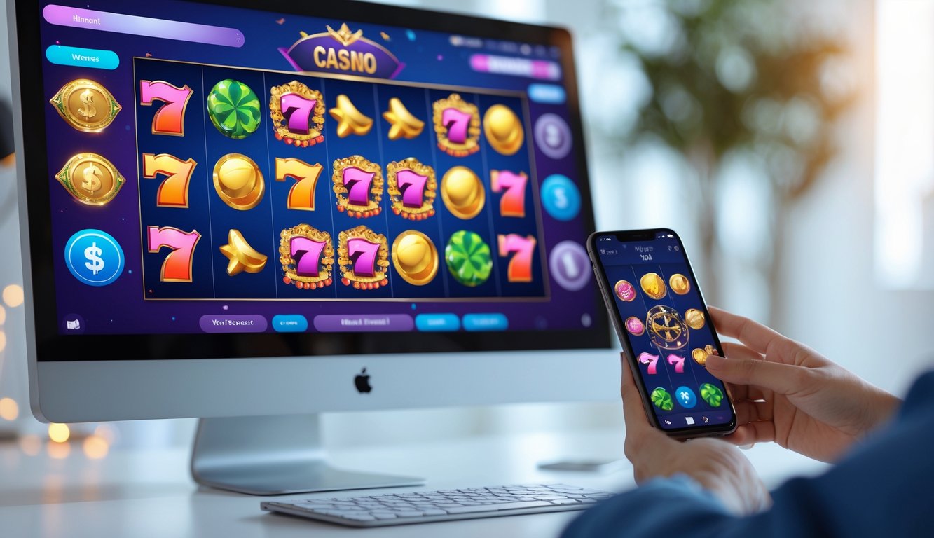 Layar komputer dan ponsel menampilkan permainan slot online dengan simbol warna-warni di meja kerja yang rapi.