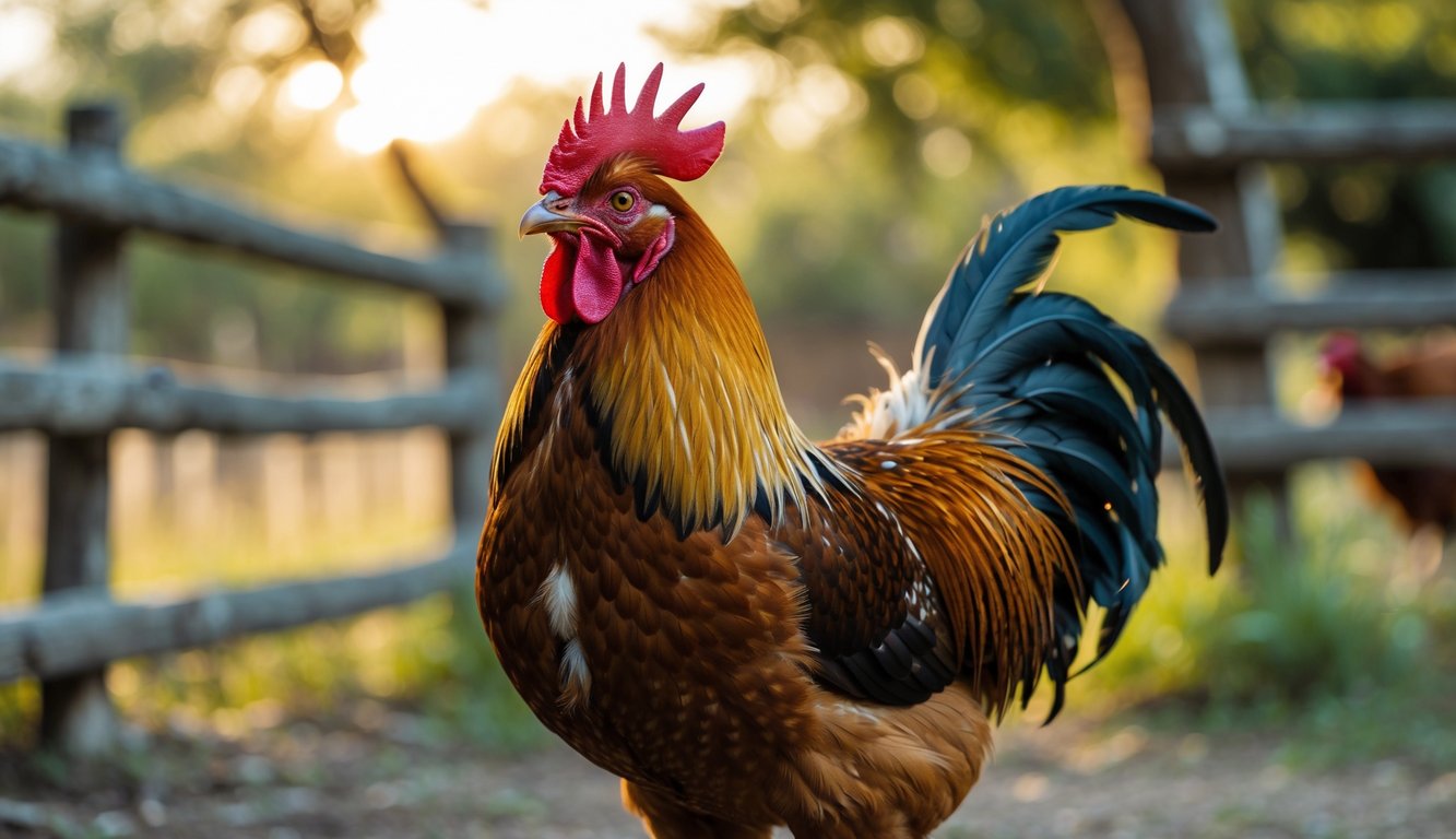 Seekor ayam aduan yang sehat dan kuat berdiri di luar ruangan dengan latar belakang pedesaan dan sinar matahari lembut.