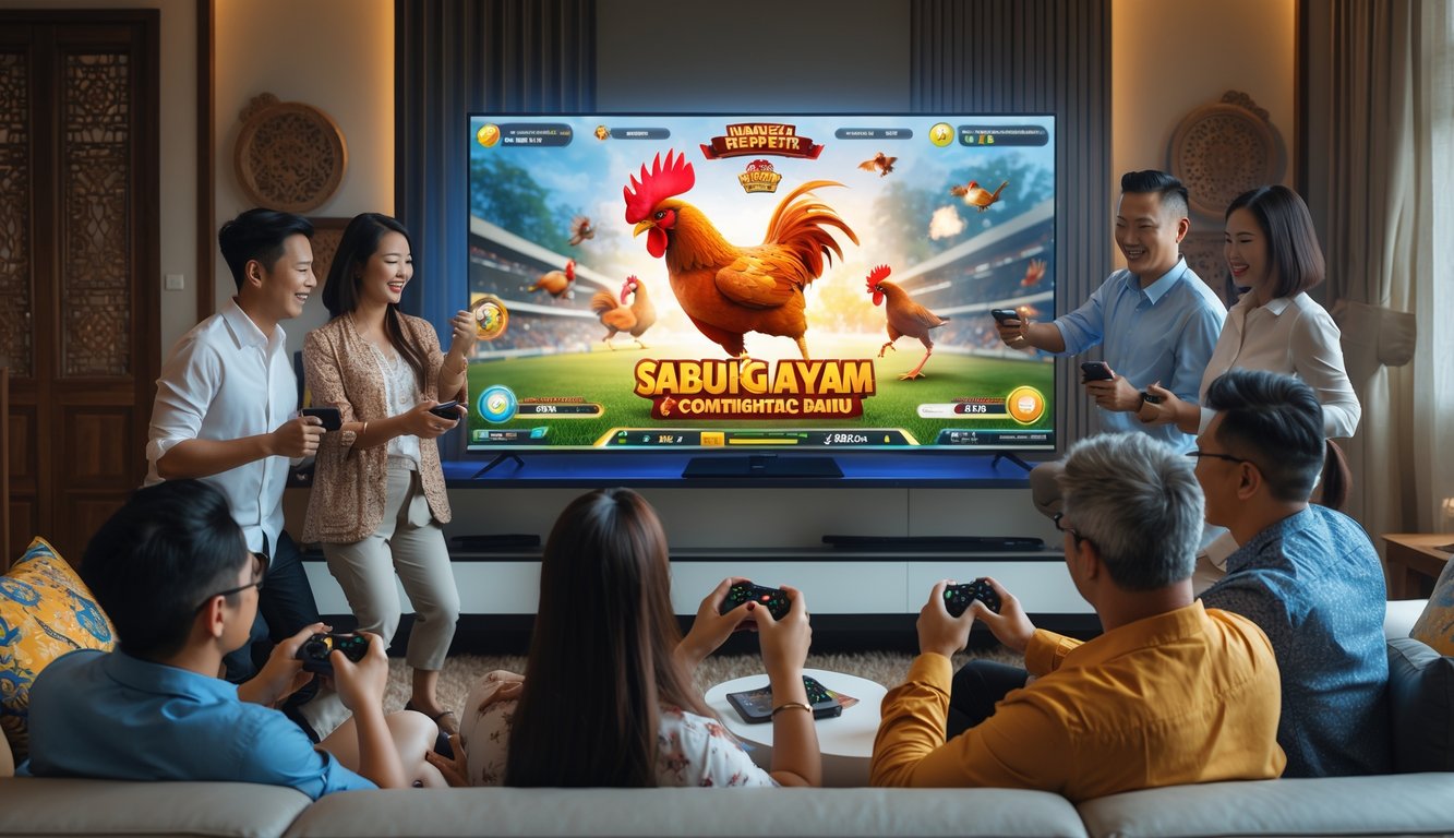 Sekelompok orang menonton dan bermain permainan sabung ayam digital di ruang tamu yang nyaman dengan dekorasi tradisional Indonesia.