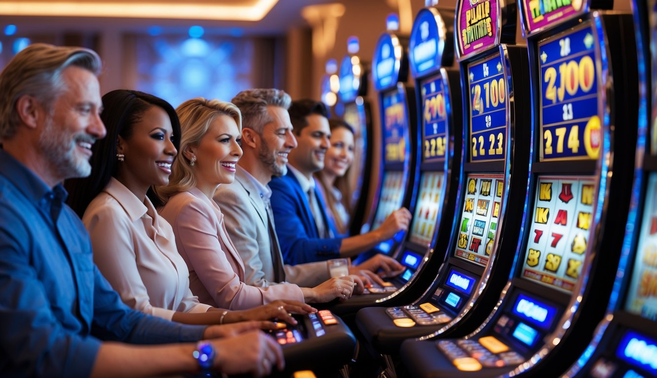 Orang-orang bermain mesin slot di dalam kasino modern dengan suasana cerah dan menyenangkan.