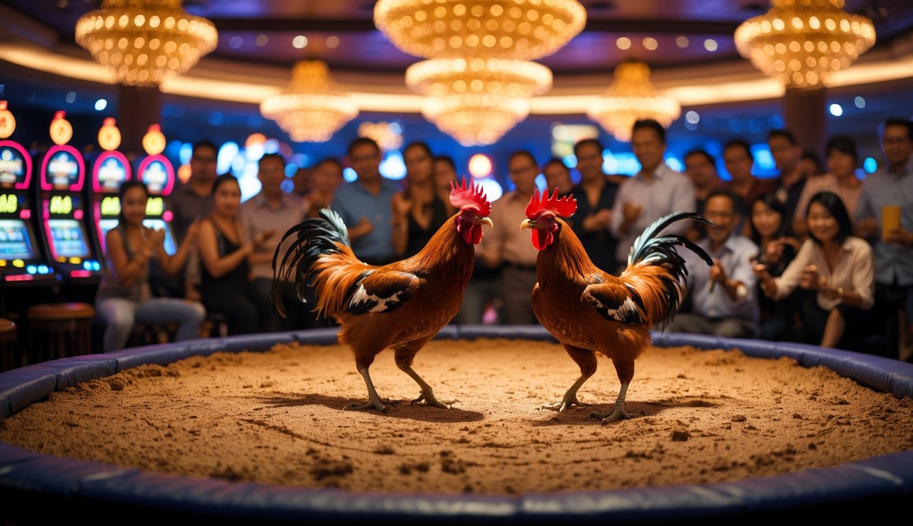 Dua ayam jago bertarung di arena dikelilingi oleh orang-orang yang menonton dengan antusias di dalam suasana kasino.