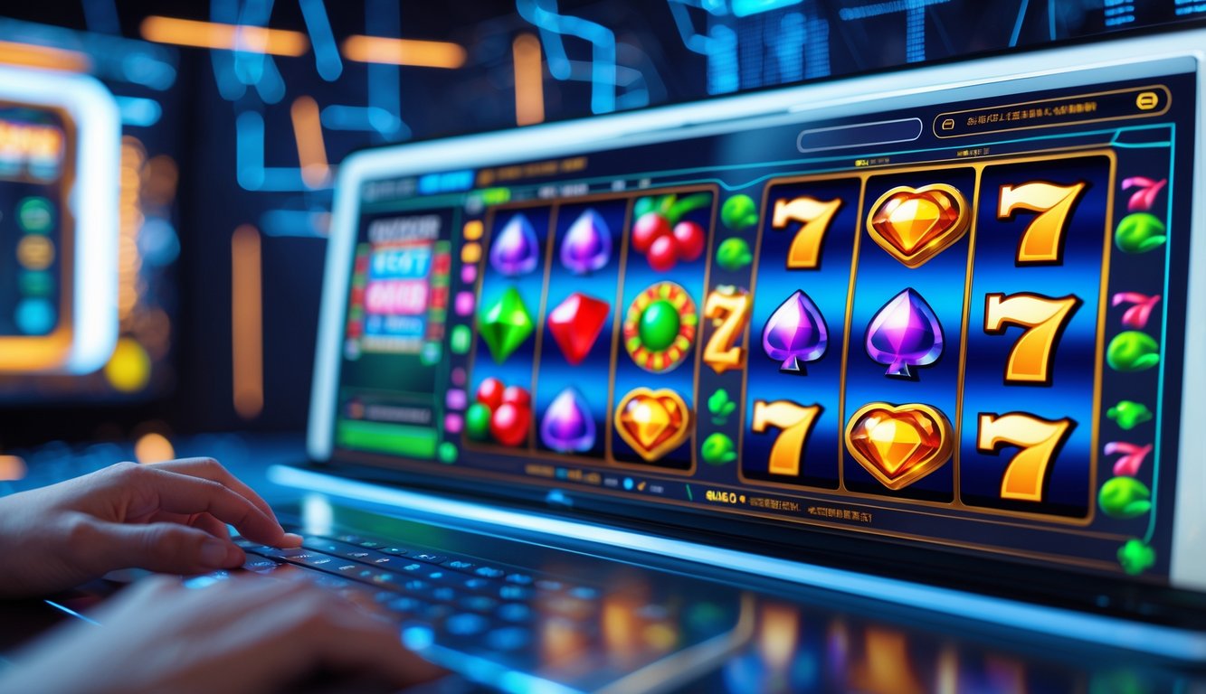 Tampilan layar perangkat dengan permainan mesin slot berwarna-warni dalam suasana modern dan teknologi.