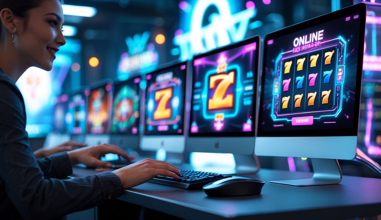 Seseorang sedang bermain permainan slot online di meja dengan beberapa layar komputer yang menampilkan grafik warna-warni dan animasi futuristik.